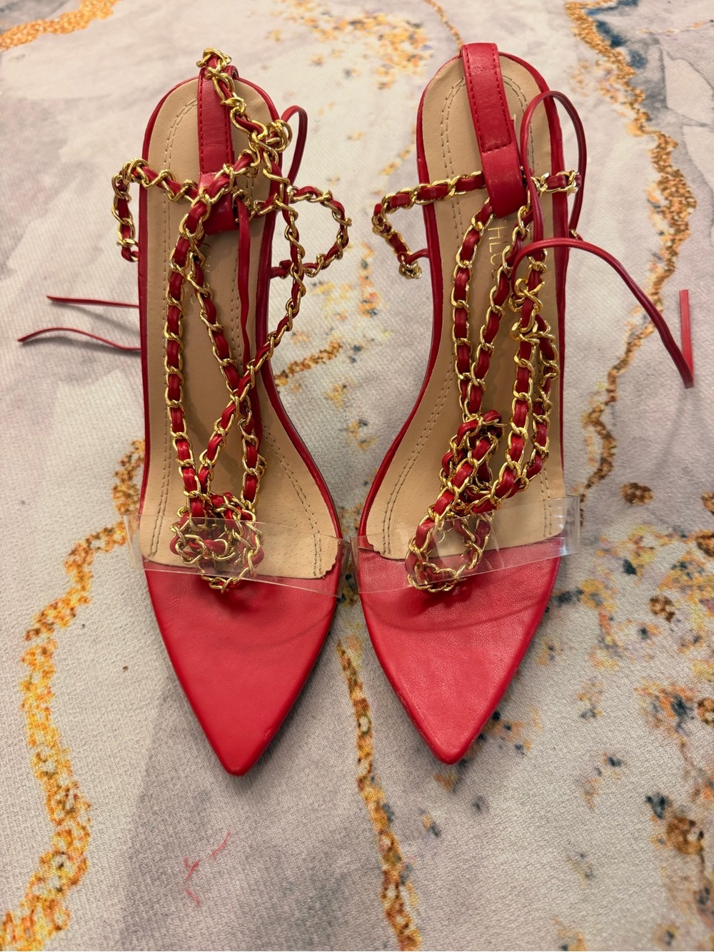 Chase + Chloe Red Pointed-Toe Heeled Sandals with Gold Chain Detail